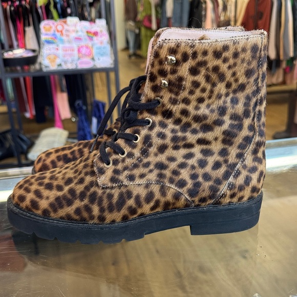 Stuart Weitzman Calf Hair Cheetah Print Combat Boots - Picture 1 of 5